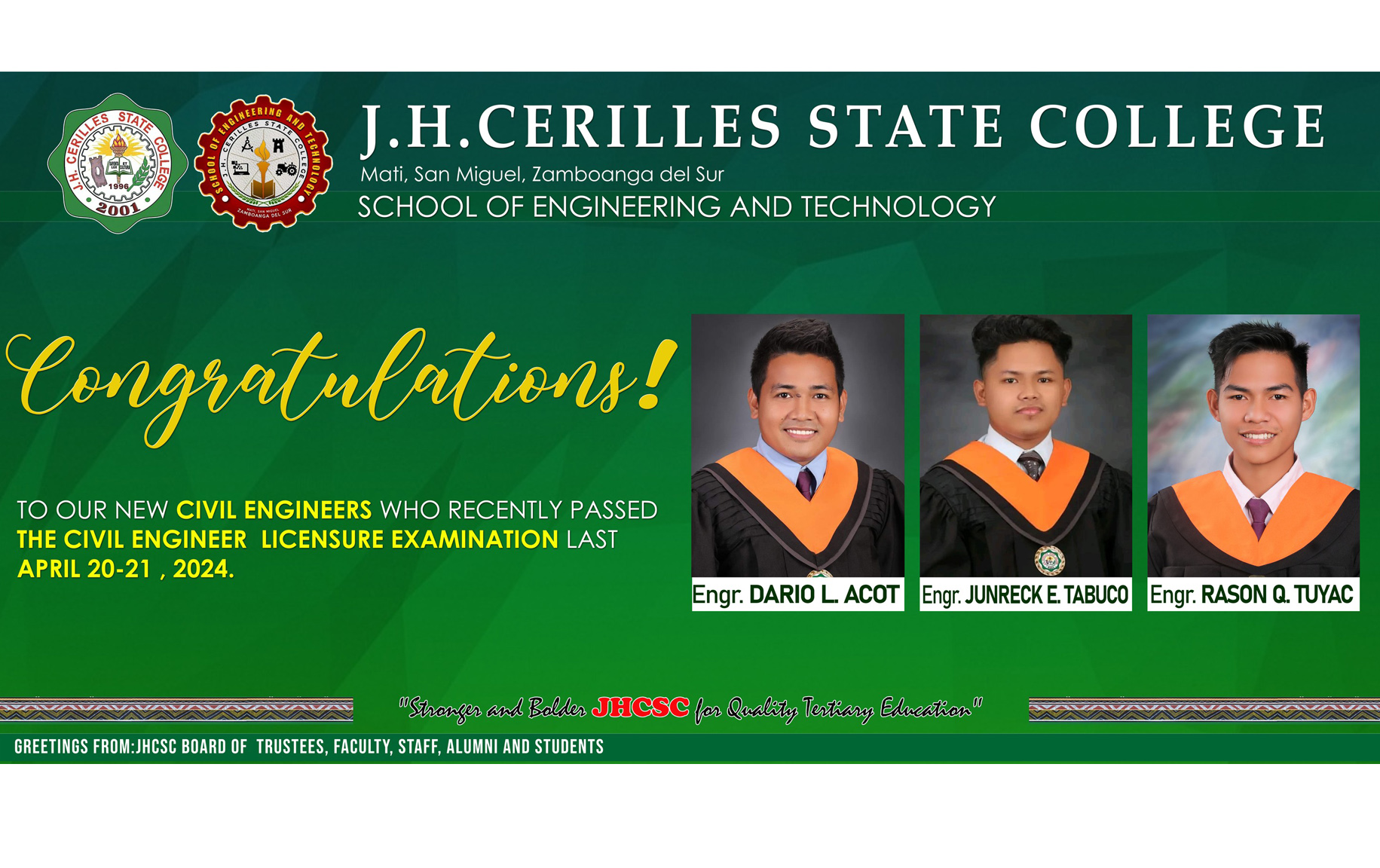 Congratulations to our NEW CIVIL ENGINEERS who passed the CIVIL ENGINEERING EXAMINATIONS held last April 20-21, 2024