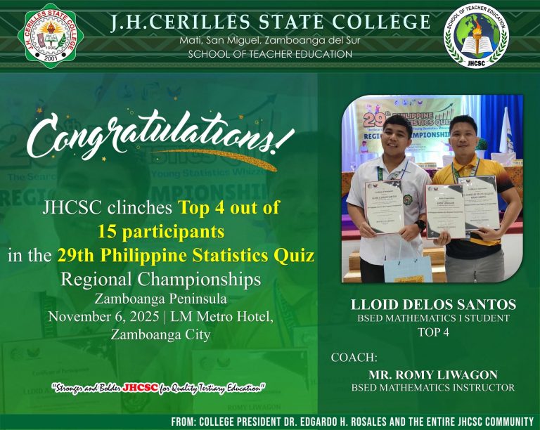 𝐂𝐨𝐧𝐠𝐫𝐚𝐭𝐮𝐥𝐚𝐭𝐢𝐨𝐧𝐬 | 𝐁𝐒𝐄𝐝 𝐌𝐚𝐭𝐡𝐞𝐦𝐚𝐭𝐢𝐜𝐬 𝐒𝐭𝐮𝐝𝐞𝐧𝐭 𝐟𝐫𝐨𝐦 𝐉𝐇𝐂𝐒𝐂-𝐒𝐓𝐄 𝐒𝐞𝐜𝐮𝐫𝐞𝐬 𝐓𝐨𝐩 𝟒 𝐢𝐧 𝟐𝟗𝐭𝐡 𝐏𝐡𝐢𝐥𝐢𝐩𝐩𝐢𝐧𝐞 𝐒𝐭𝐚𝐭𝐢𝐬𝐭𝐢𝐜𝐬 𝐐𝐮𝐢𝐳 – 𝐑𝐞𝐠𝐢𝐨𝐧𝐚𝐥 𝐂𝐡𝐚𝐦𝐩𝐢𝐨𝐧𝐬𝐡𝐢𝐩𝐬